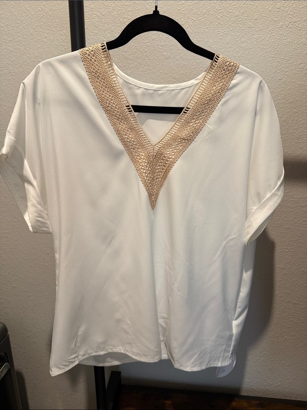 SHEIN Cream V-Neck Short Sleeve Top with Tan Crochet Trim